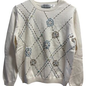 Alfred Dunner White Sweater with Beaded Floral Design